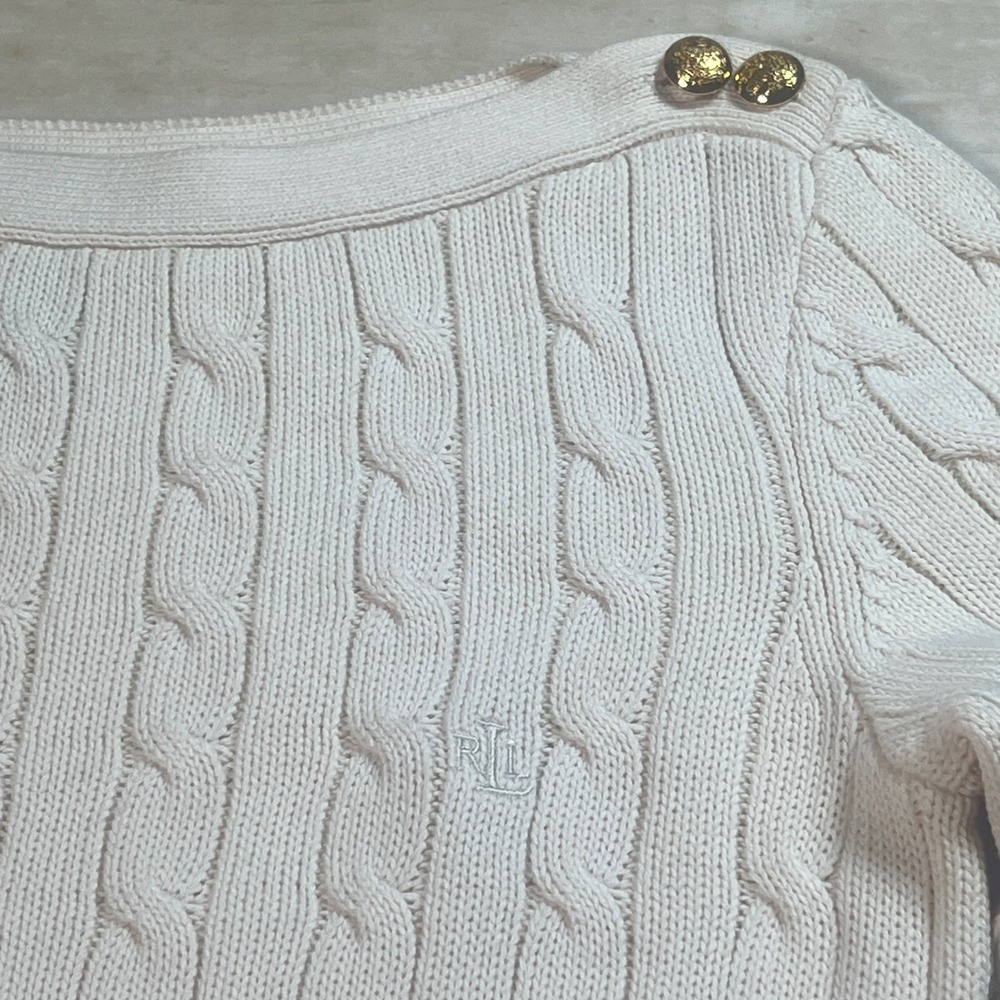 LAUREN Ralph Lauren Cream Cable Knit Boat Neck Sweater Gold Button Detail Size S - Picture 10 of 12